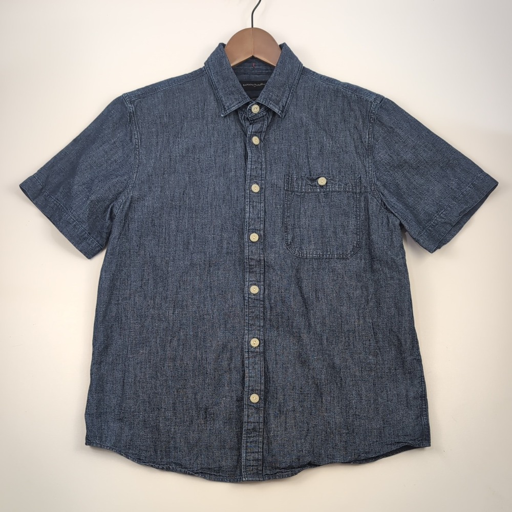 Banana Republic Shirt Mens Medium Standard Fit Indigo Blue Linen Cotton EUC